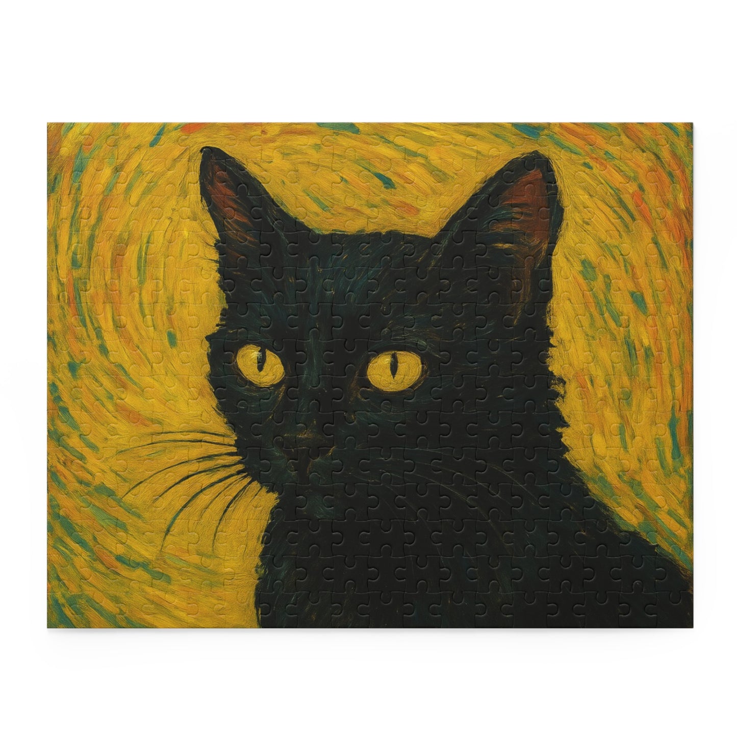 Black cat portrait puzzle by Printify, featuring a custom photo design with 120-500 pieces, ideal for cat lovers and puzzle enthusiasts.
