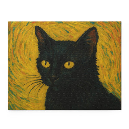 Black cat portrait puzzle by Printify, featuring a custom photo design with 120-500 pieces, ideal for cat lovers and puzzle enthusiasts.