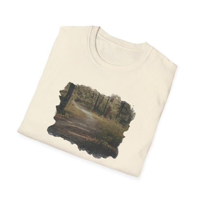 Vintage forest landscape T-shirt by Printify featuring a nature pathway scene on a comfortable cotton tee.