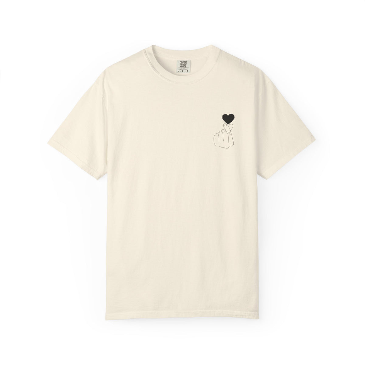 Black T-shirt with minimal finger heart graphic design by Printify, featuring a small black heart on the front.