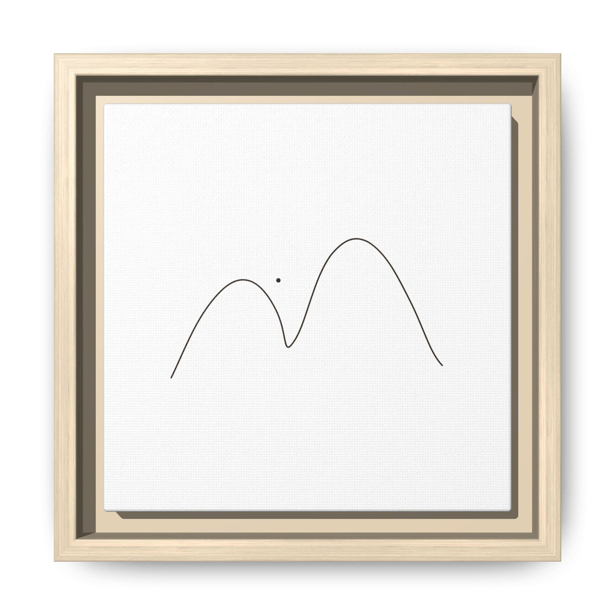 Minimalist mountain line art on framed matte canvas by Printify, featuring simple mountain peaks in black ink on white background.