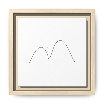 Minimalist mountain line art on framed matte canvas by Printify, featuring simple mountain peaks in black ink on white background.