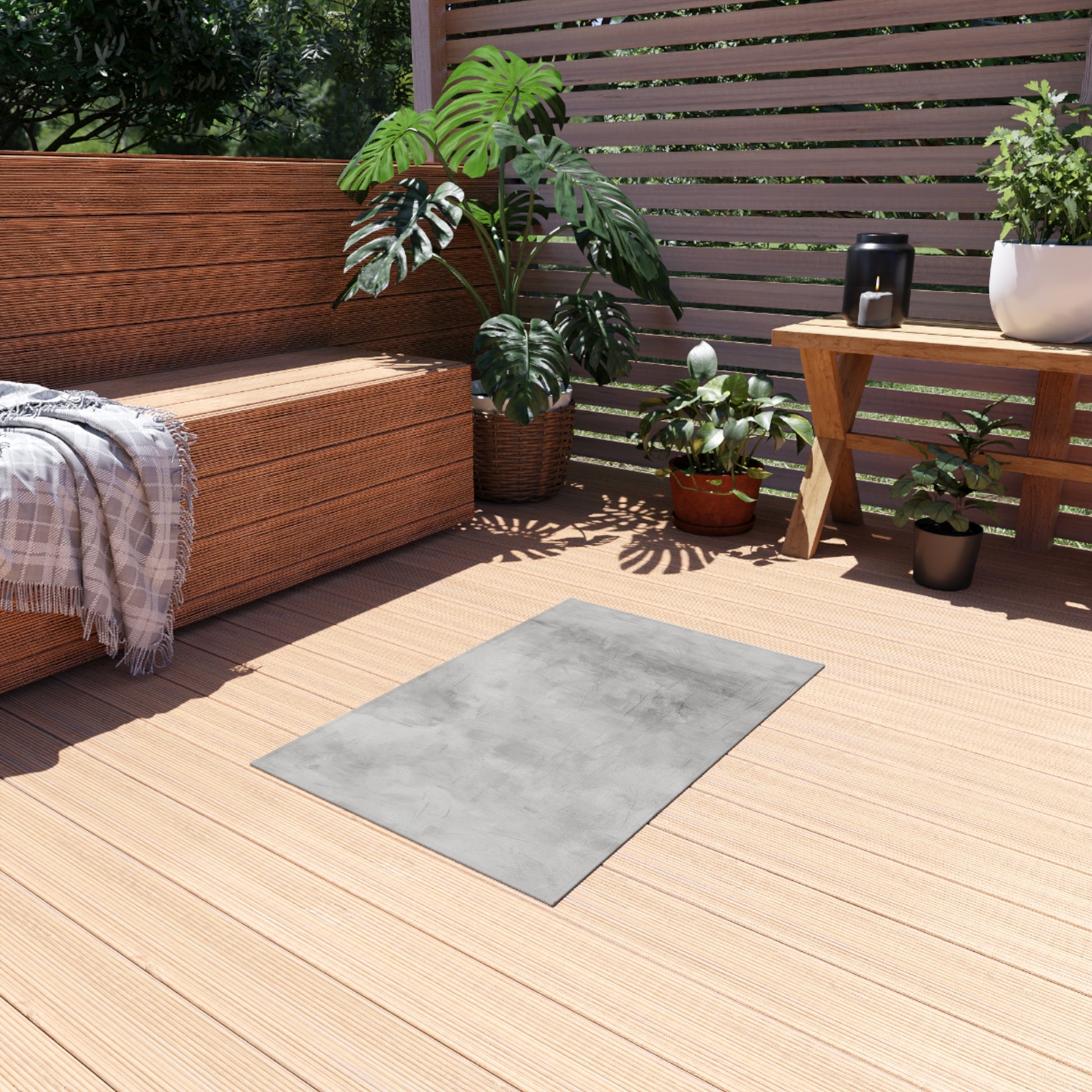 Modern gray outdoor rug by Printify, showcasing durable indoor-outdoor flooring suitable for patios and decks.
