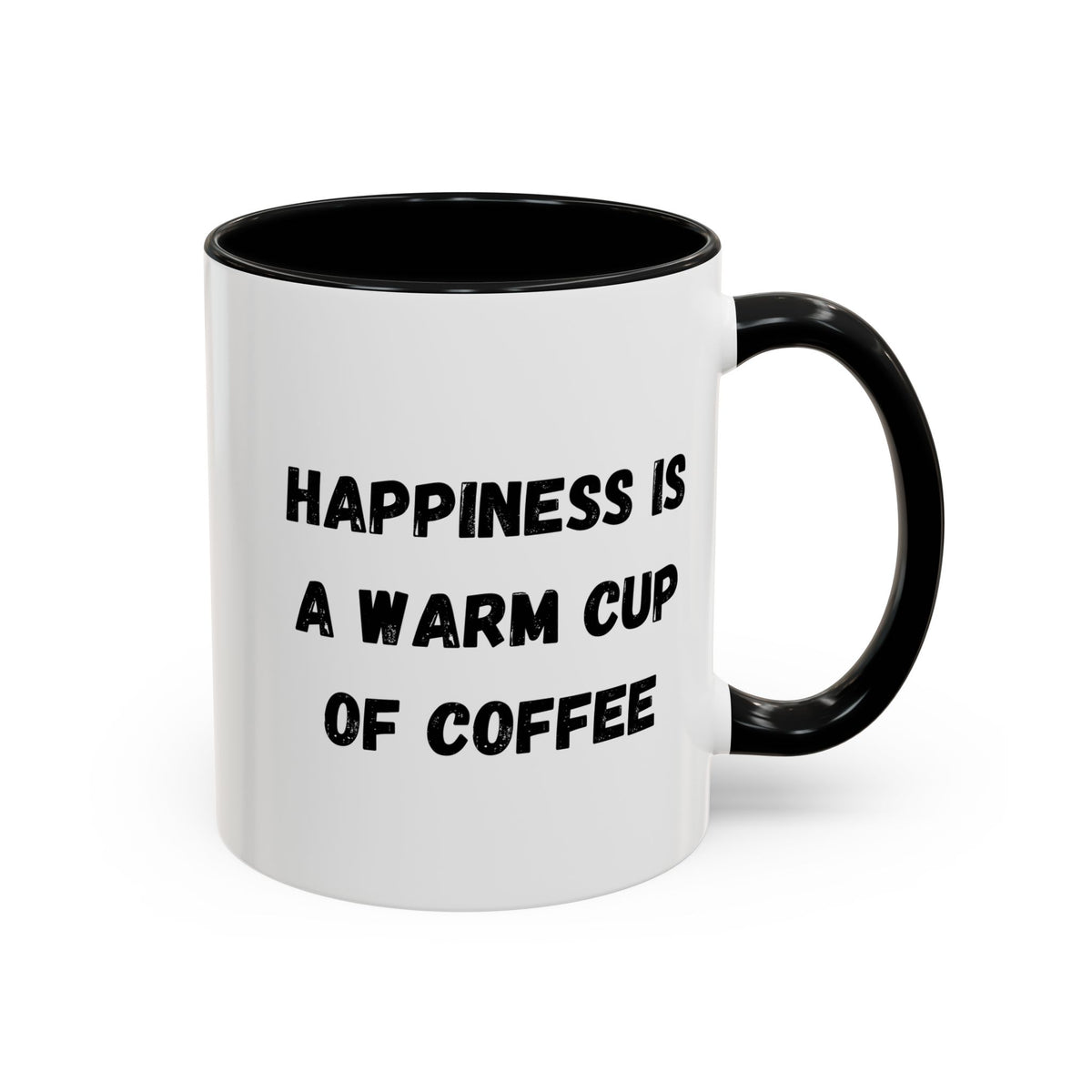 Ceramic coffee mug with "Happiness Is A Warm Cup Of Coffee" quote in black text on white background, designed by Printify.