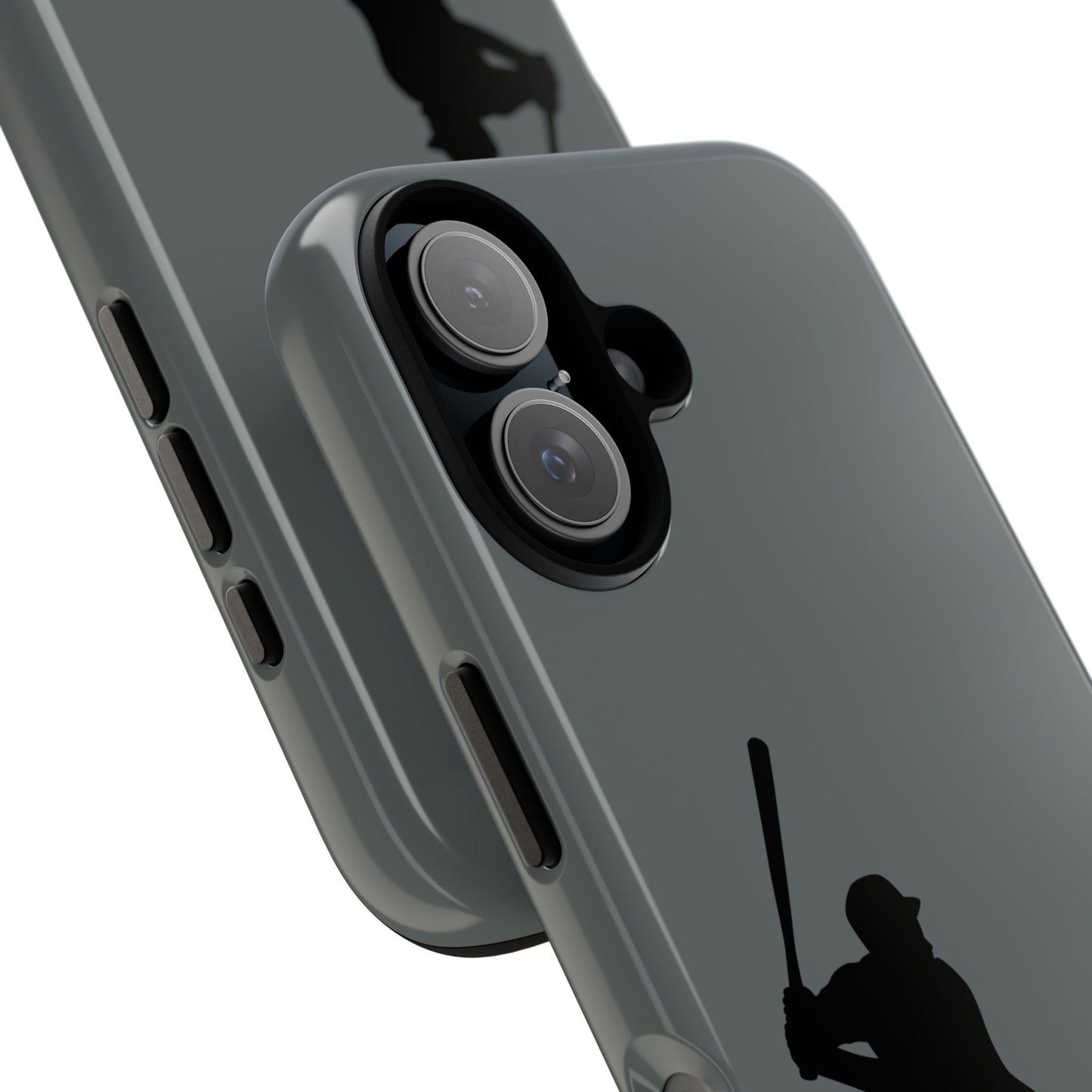 Black iPhone case with baseball silhouette design, durable protective sporty phone cover for iPhone by Printify