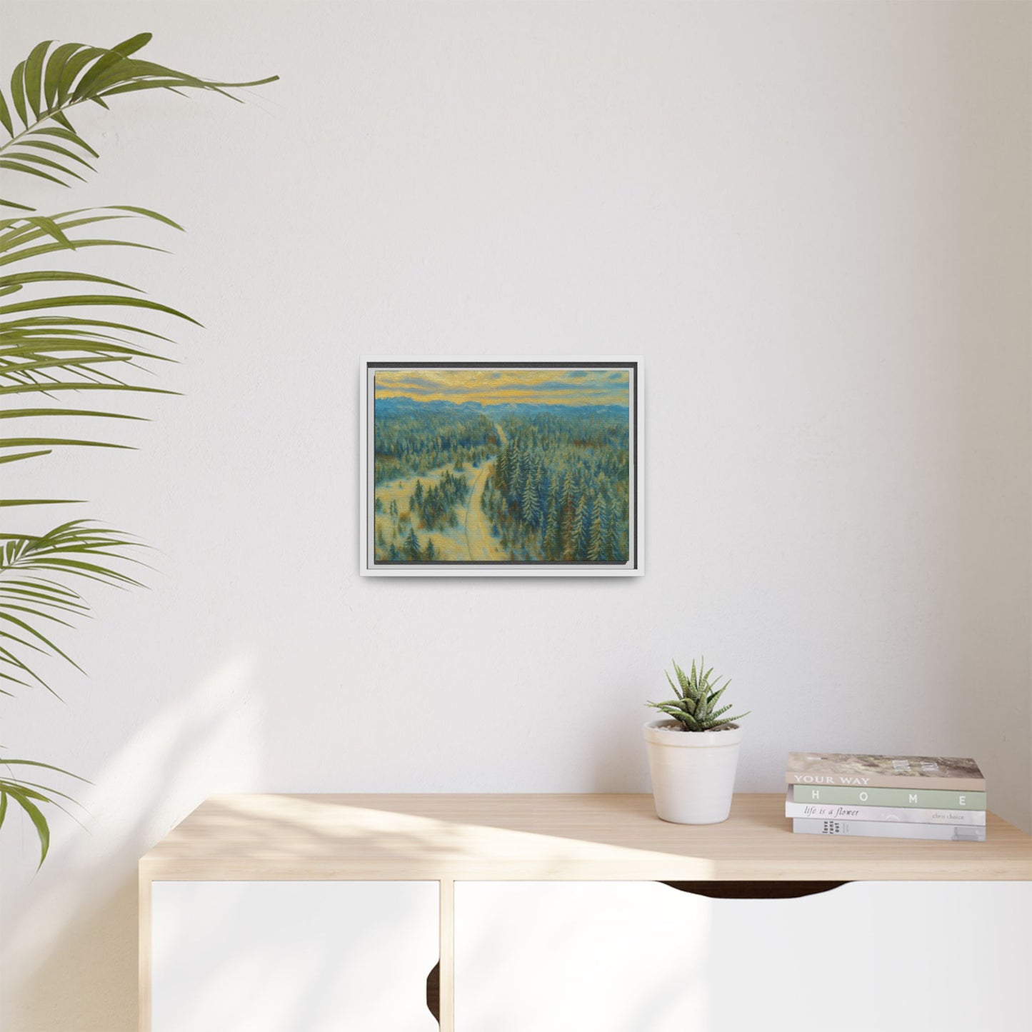 Framed matte canvas print of a serene winter forest landscape by Printify, showcasing snowy trees and tranquil winter scenery.