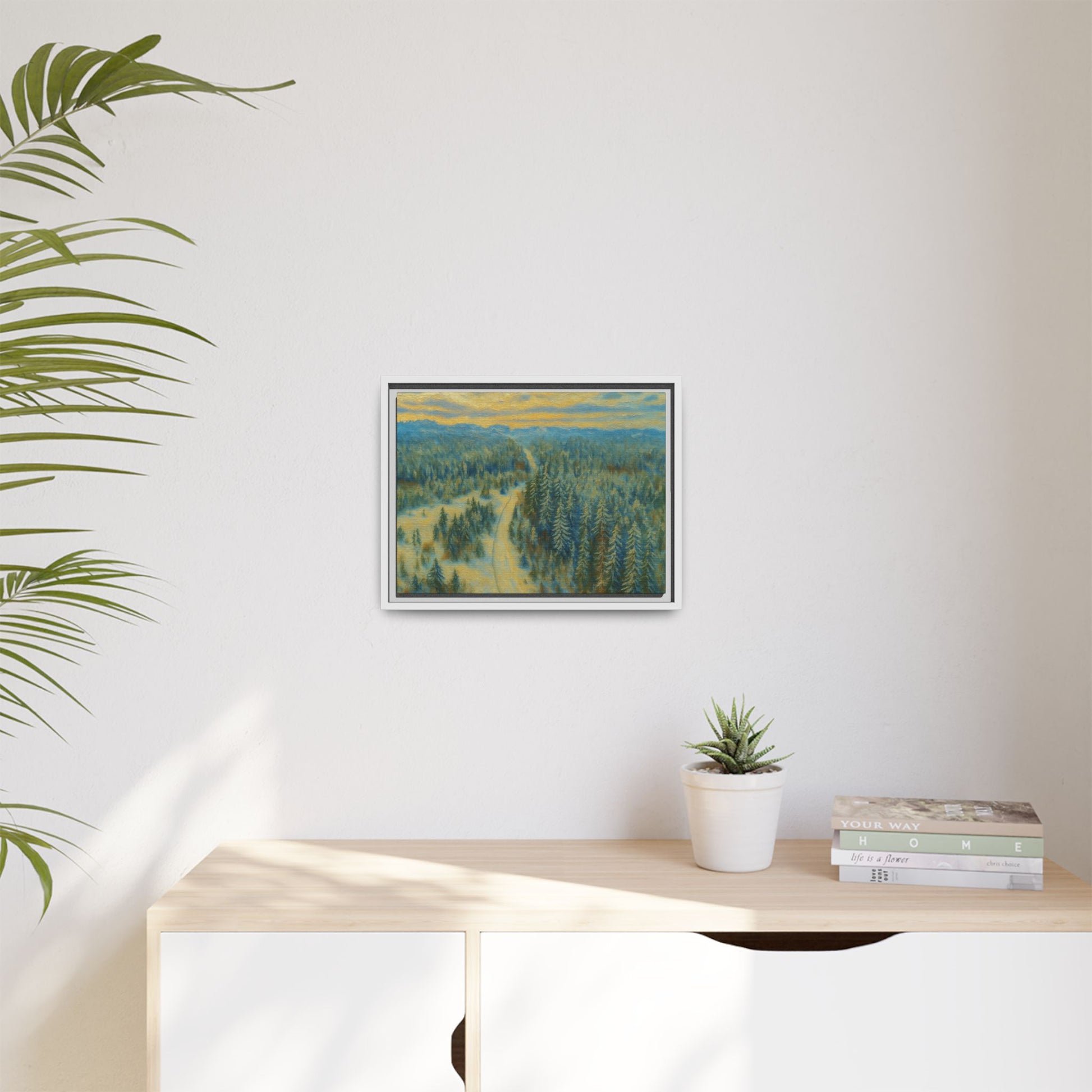 Framed matte canvas print of a serene winter forest landscape by Printify, showcasing snowy trees and tranquil winter scenery.