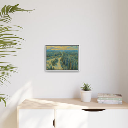 Framed matte canvas print of a serene winter forest landscape by Printify, showcasing snowy trees and tranquil winter scenery.