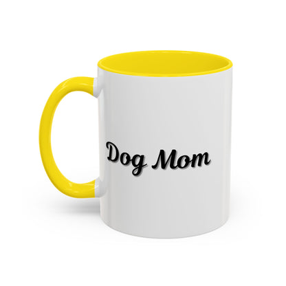 Dog Mom Accent Coffee Mug — white ceramic coffee mug with retro script "Dog Mom" print, colored interior and C-handle, 11oz/15oz, side profile view