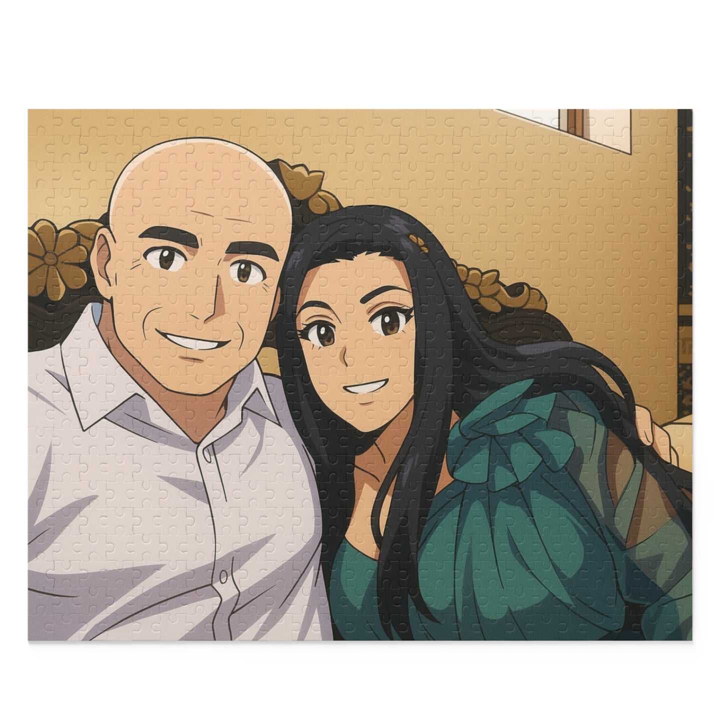 Custom anime couple portrait puzzle featuring 120, 252, or 500 pieces by Printify, showing a colorful, detailed anime-style illustration.