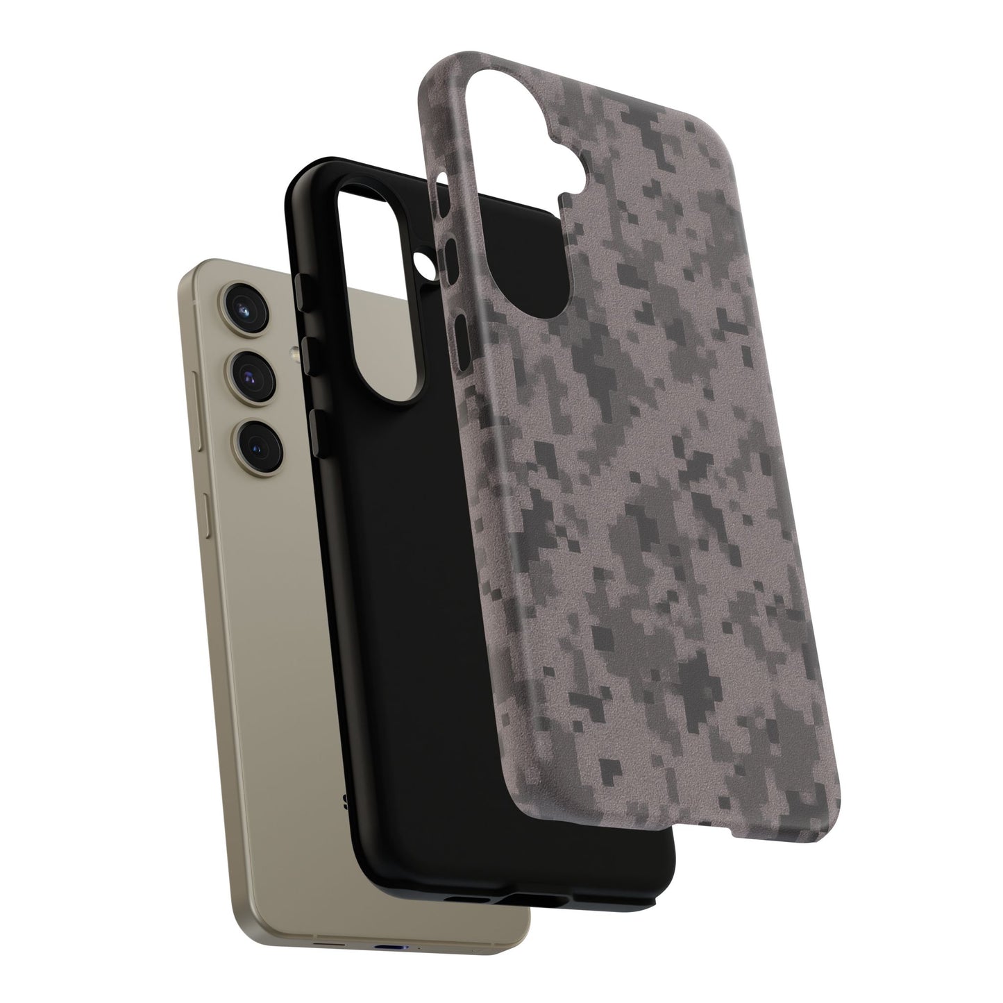 Gray digital camouflage phone case by Printify, tough protective cover with camouflage pattern for a smartphone.