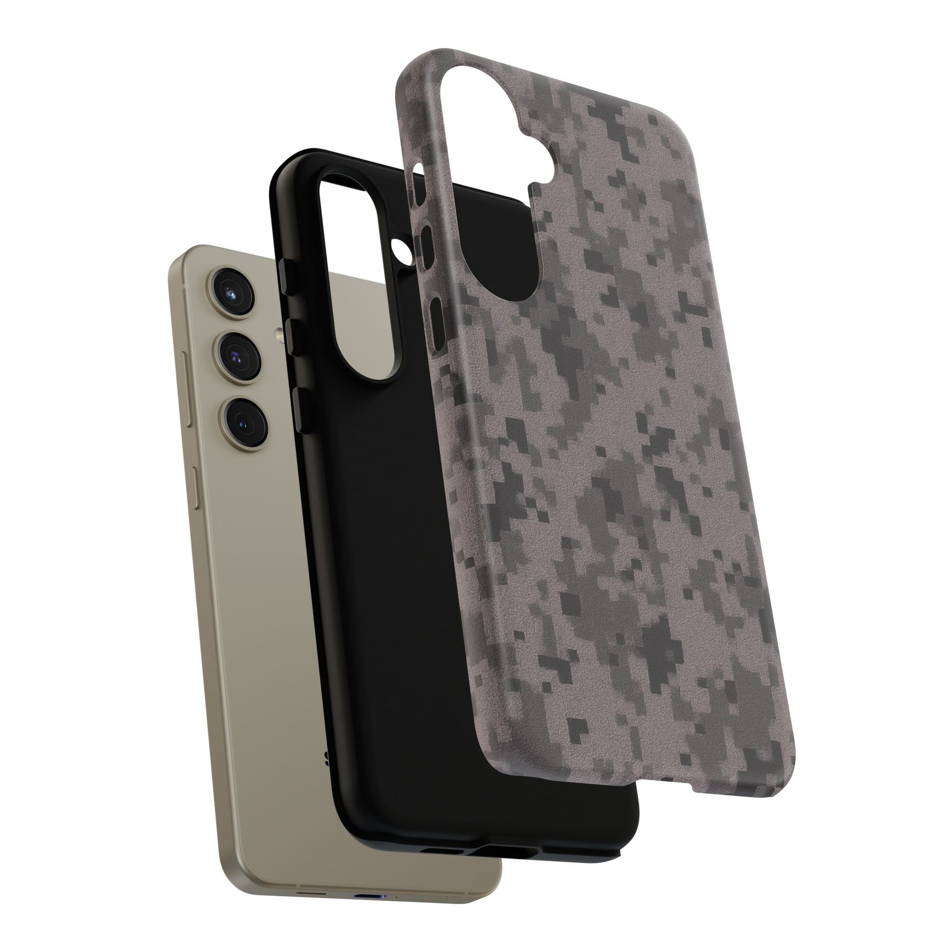 Gray digital camouflage phone case by Printify, tough protective cover with camouflage pattern for a smartphone.
