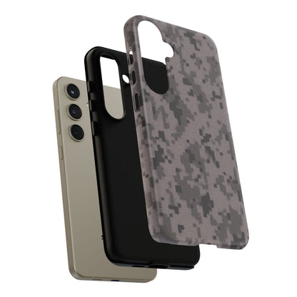 Gray digital camouflage phone case by Printify, tough protective cover with camouflage pattern for a smartphone.