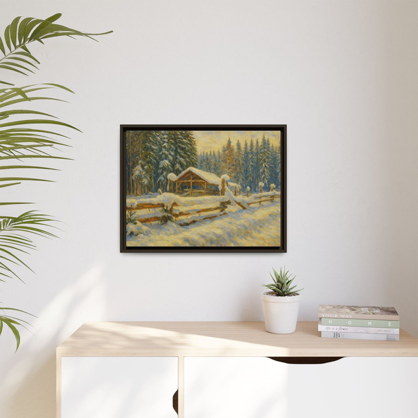Snowy cabin winter landscape canvas wall art by Printify featuring a cozy cabin scene in a snowy forest setting.