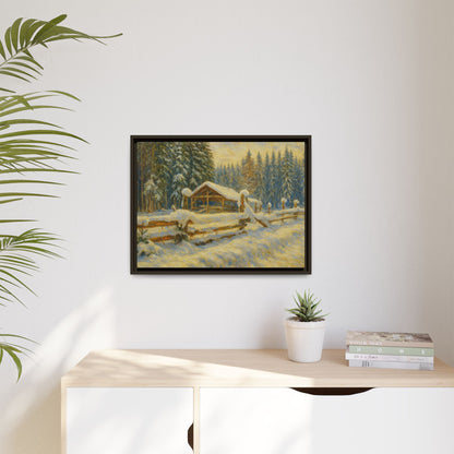 Snowy cabin winter landscape canvas wall art by Printify featuring a cozy cabin scene in a snowy forest setting.