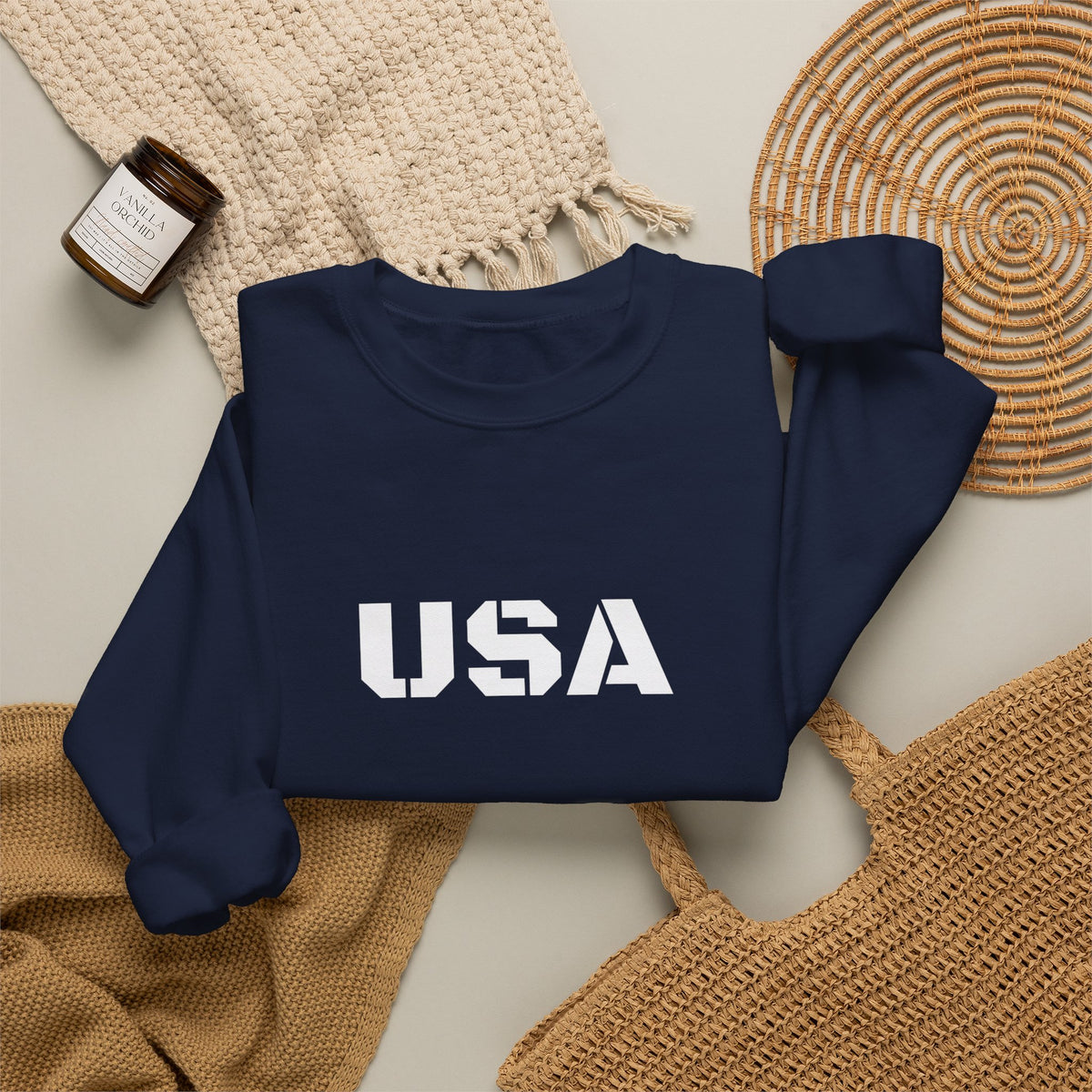 Printify USA crewneck sweatshirt featuring patriotic design, perfect for cozy style and seasonal wear.
