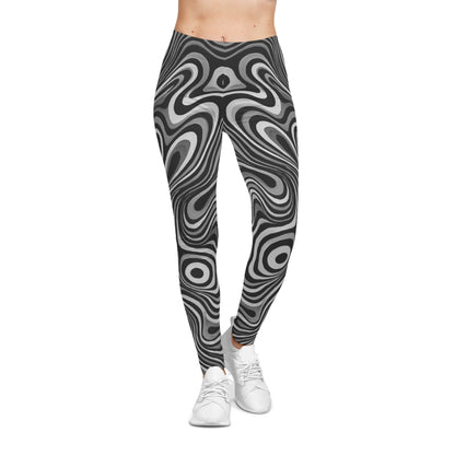 Black and white swirl all-over print leggings with retro psychedelic pattern by Printify, featuring vibrant, bold design.