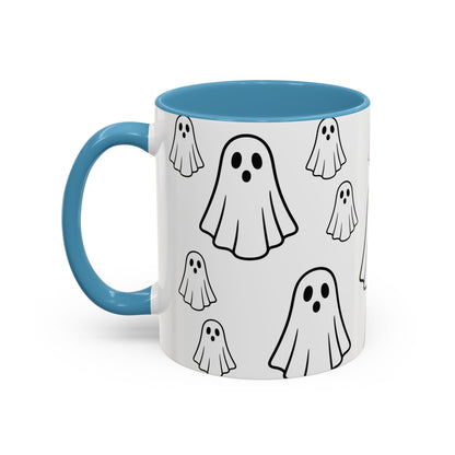 Printify ghost pattern accent coffee mug featuring a cute Halloween ceramic design in 11oz or 15oz size.