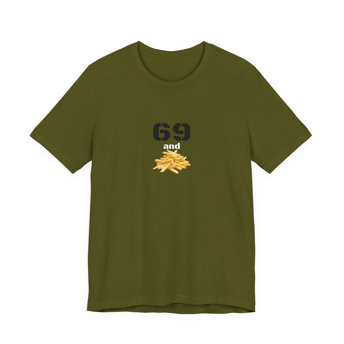 Unisex graphic T-shirt featuring humorous "69 & French Fries" design, casual fit, in black with colorful print by Printify.