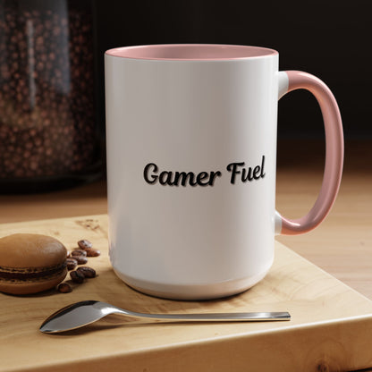 Printify Gamer Fuel coffee mug in 11oz or 15oz size with gaming-themed design on a white ceramic mug.