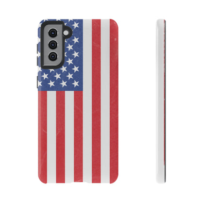 American flag tough phone case for iPhone and Samsung, patriotic protective cover with durable design by Printify.
