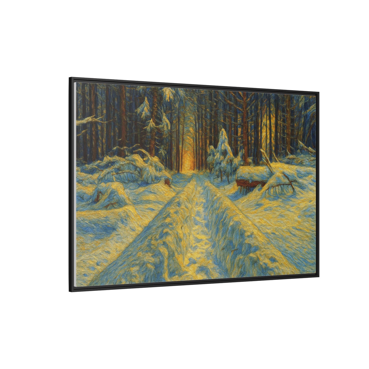Framed matte canvas print of a snowy forest path at sunset, wall art by Printify featuring winter landscape and natural scenery.