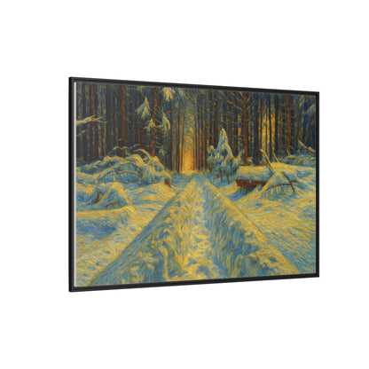 Framed matte canvas print of a snowy forest path at sunset, wall art by Printify featuring winter landscape and natural scenery.