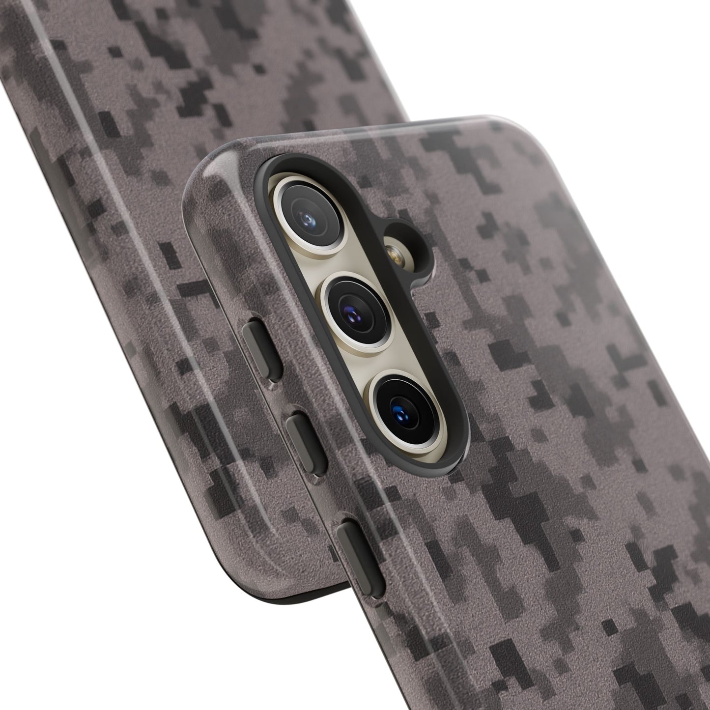 Gray digital camo phone case by Printify, tough protective cover designed for smartphones with a camouflage pattern.
