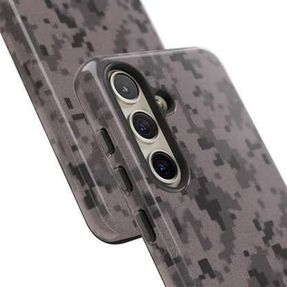 Gray digital camo phone case by Printify, tough protective cover designed for smartphones with a camouflage pattern.