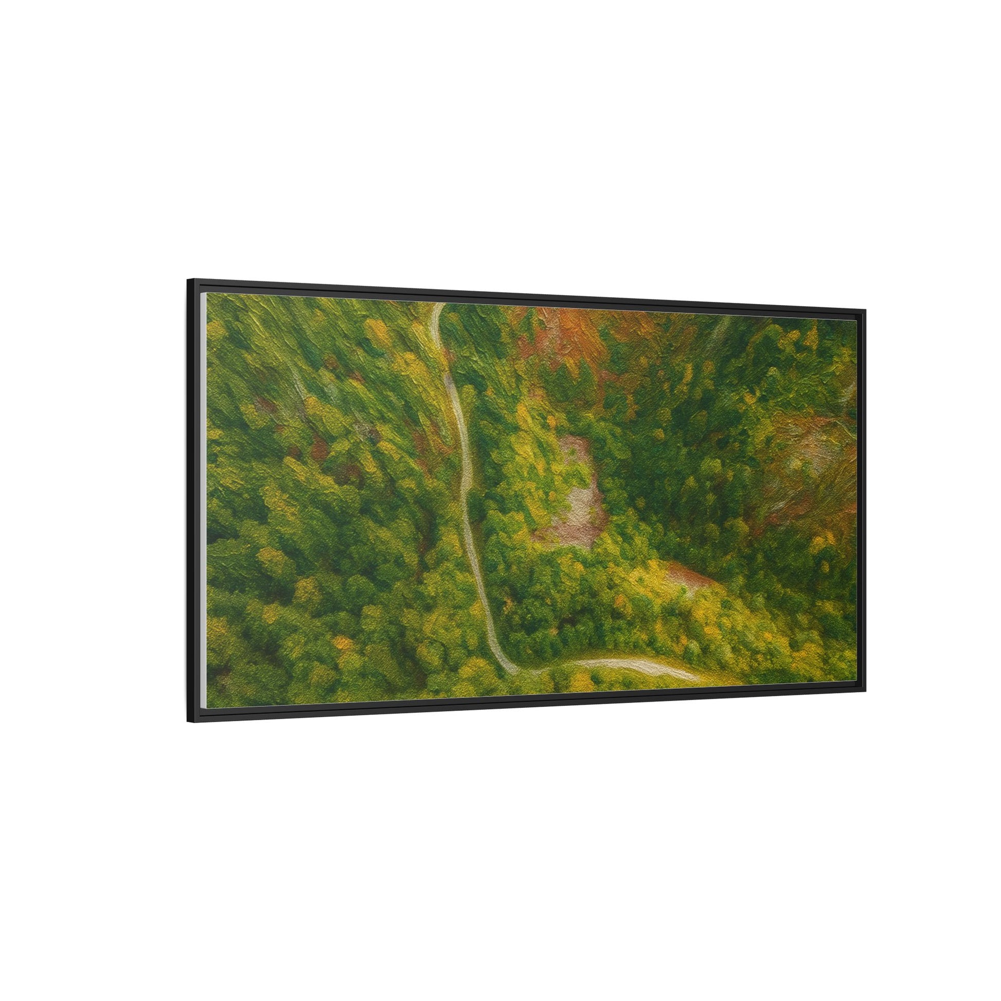Colorful framed matte canvas wall art featuring an aerial forest path landscape by Printify.