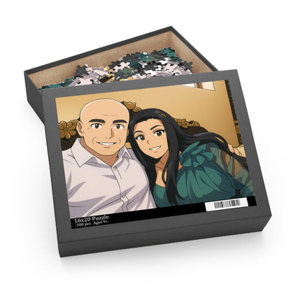 Custom anime couple portrait puzzle featuring 120, 252, or 500 pieces by Printify, showing a detailed, colorful illustration of a couple.