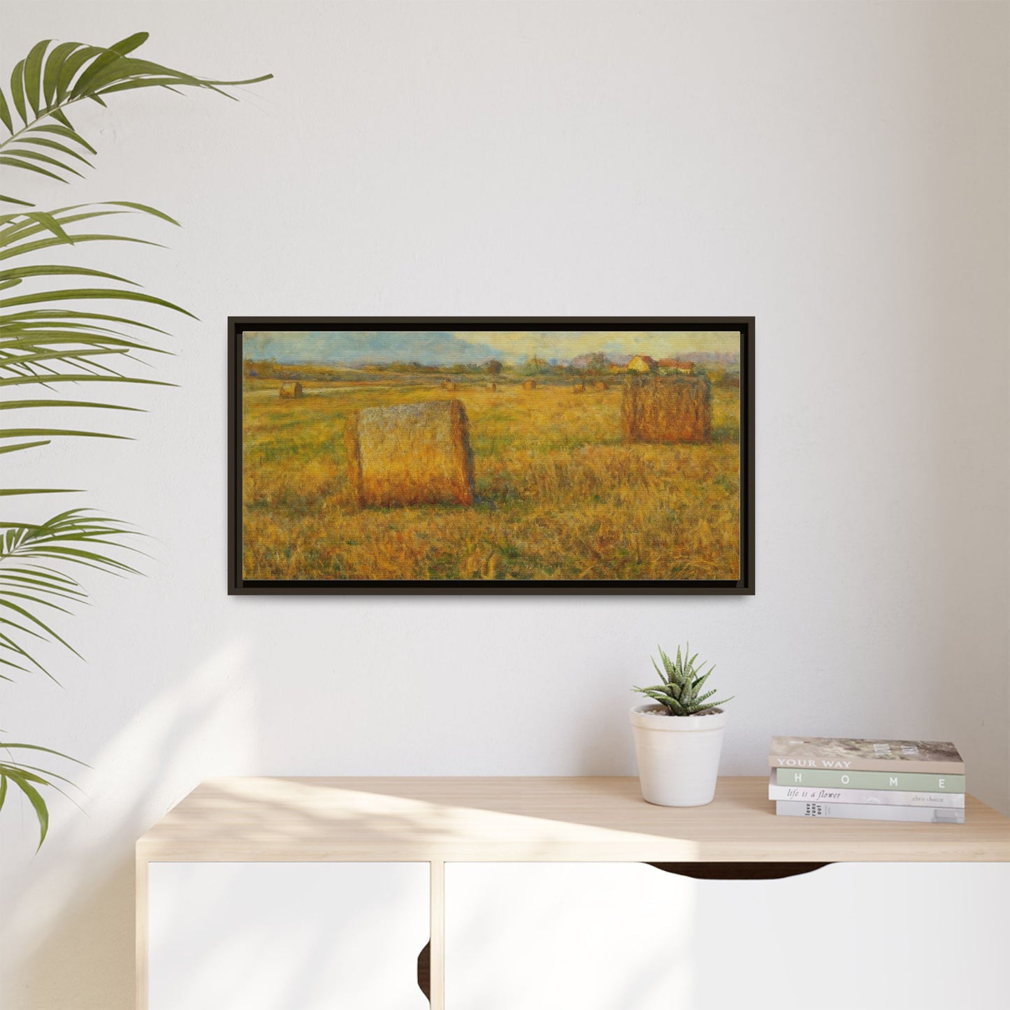 Rustic hayfield landscape print on framed matte canvas wall art by Printify, showcasing a serene rural scene.