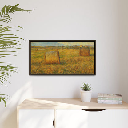 Rustic hayfield landscape print on framed matte canvas wall art by Printify, showcasing a serene rural scene.