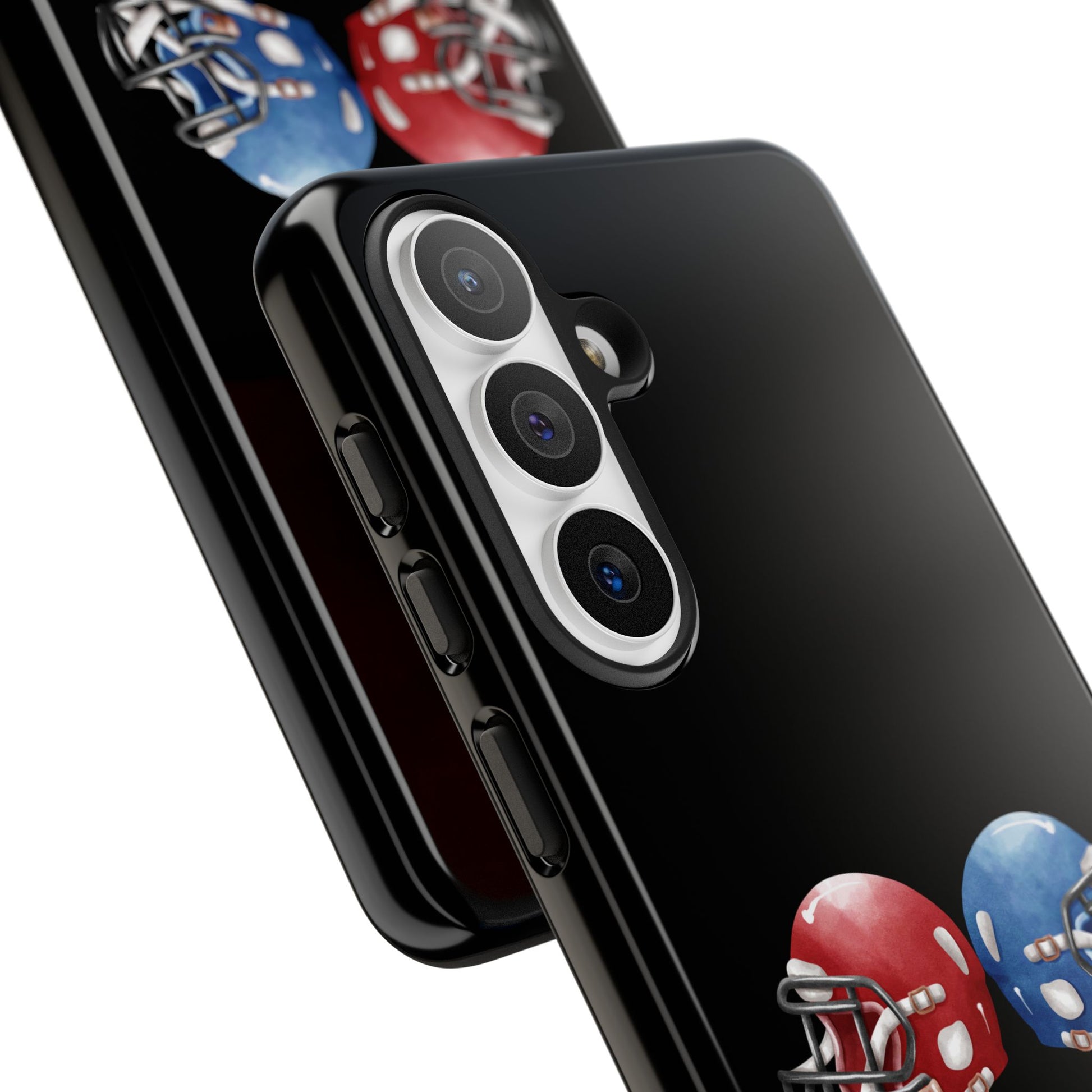 Red and blue football helmet tough phone case for iPhone, protective Printify cover with sporty design.