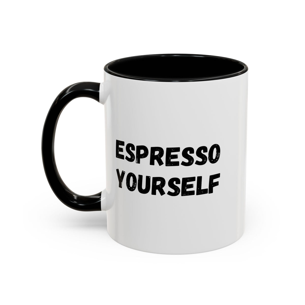 Black ceramic espresso mug with "Espresso Yourself" humorous coffee lover message in white print, 11 oz capacity.