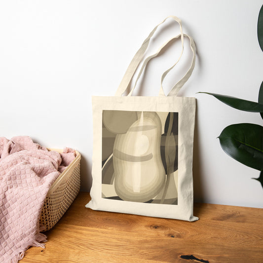 Abstract pear still life tote bag by Printify featuring a neutral geometric fruit print on fabric for everyday use.