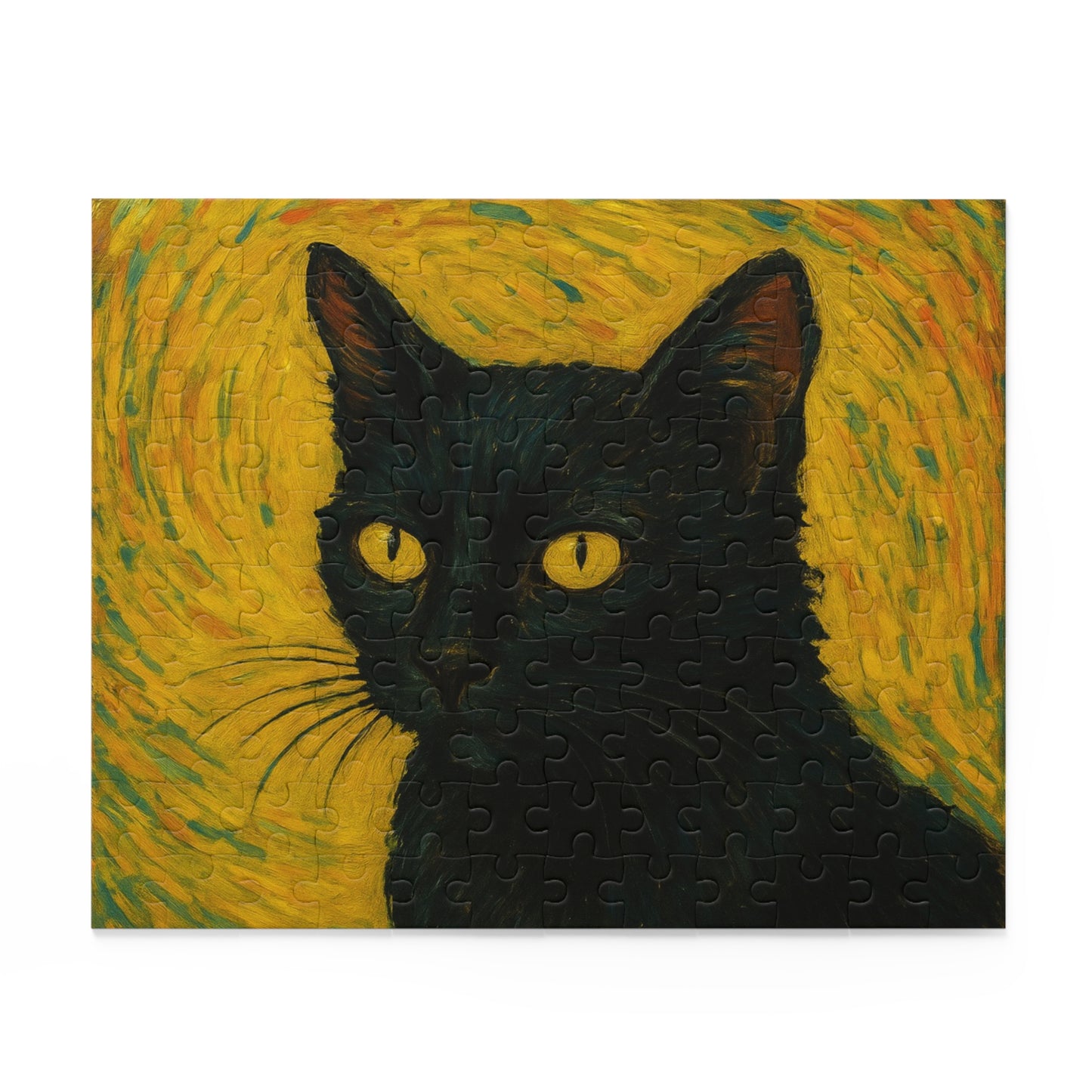 Black cat portrait custom photo puzzle by Printify with 120-500 pieces, featuring a detailed image of a black cat's face.