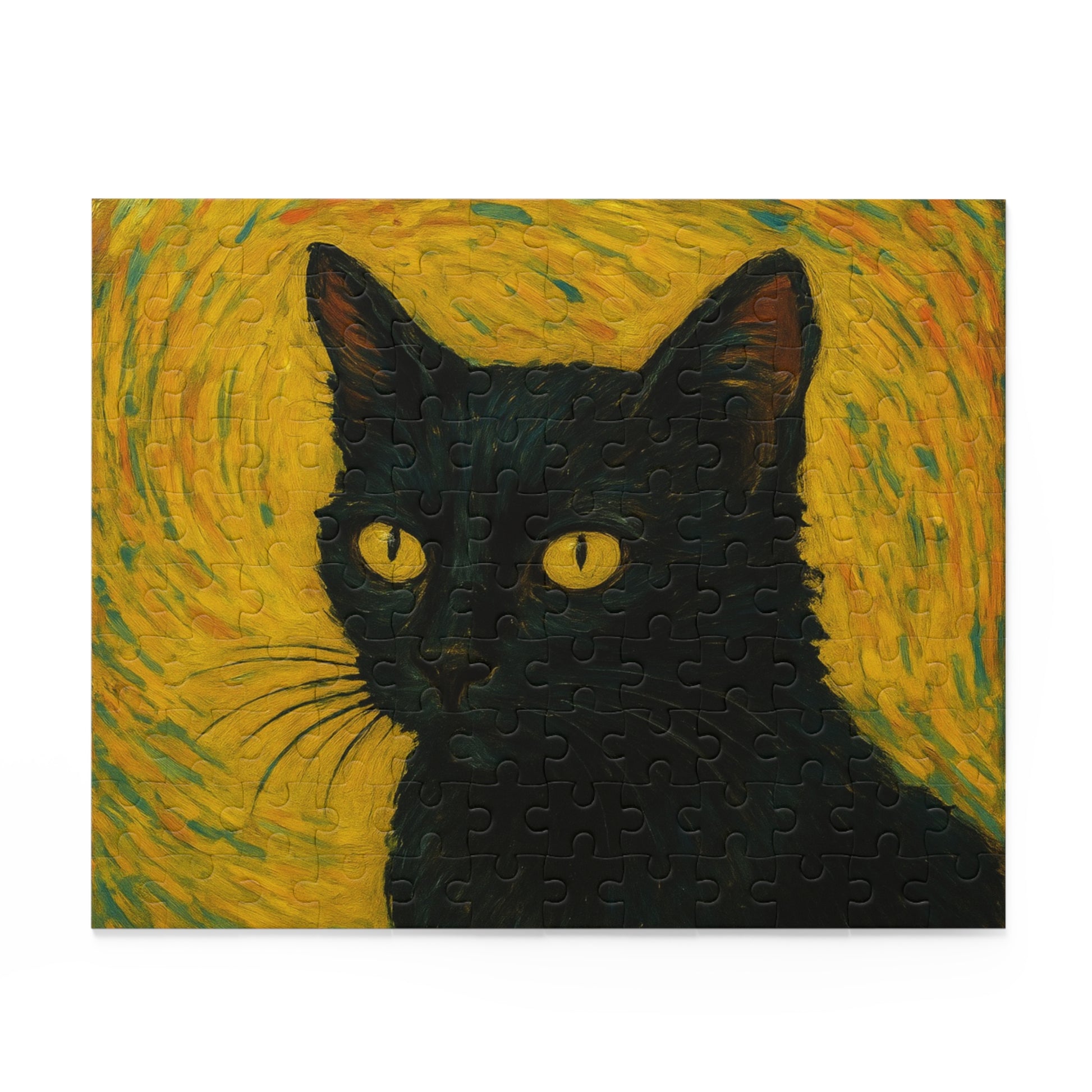 Black cat portrait custom photo puzzle by Printify with 120-500 pieces, featuring a detailed image of a black cat's face.