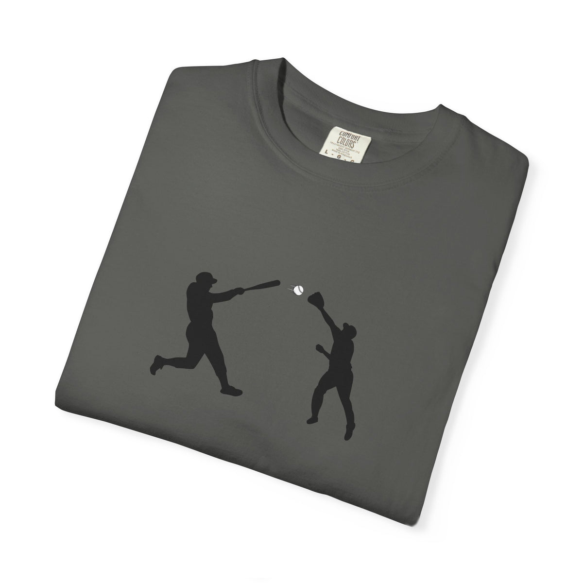 Minimal baseball players graphic T-shirt featuring a silhouette design, casual fit, by Printify.