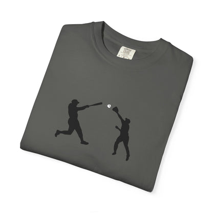 Minimal baseball players graphic T-shirt featuring a silhouette design, casual fit, by Printify.