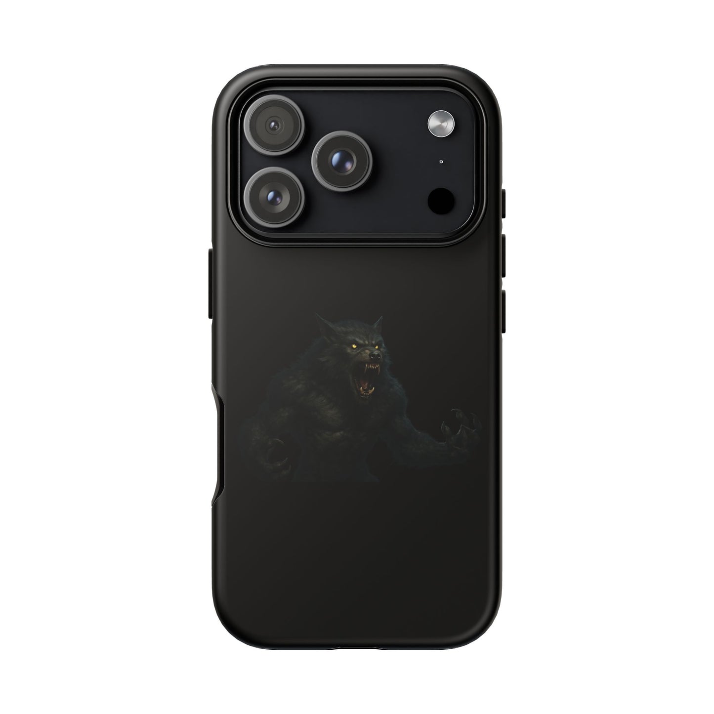 Dark monster graphic werewolf phone case on a smartphone, featuring a tough protective design by Printify.