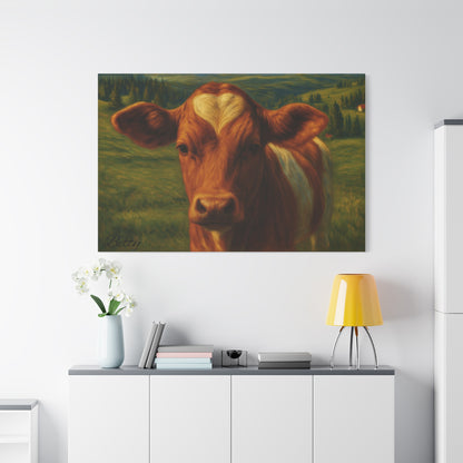 Canvas print featuring a cow portrait with a heart-shaped forehead, farm animal wall art by Printify.