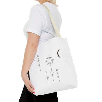 Minimal moon and sun botanical tote bag with celestial line art design by Printify, featuring natural botanical and celestial motifs.