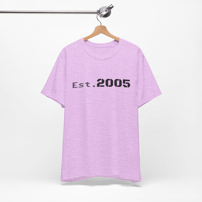 Black Est. 2005 T-shirt by Printify featuring minimalist anniversary year design on a comfortable cotton shirt.