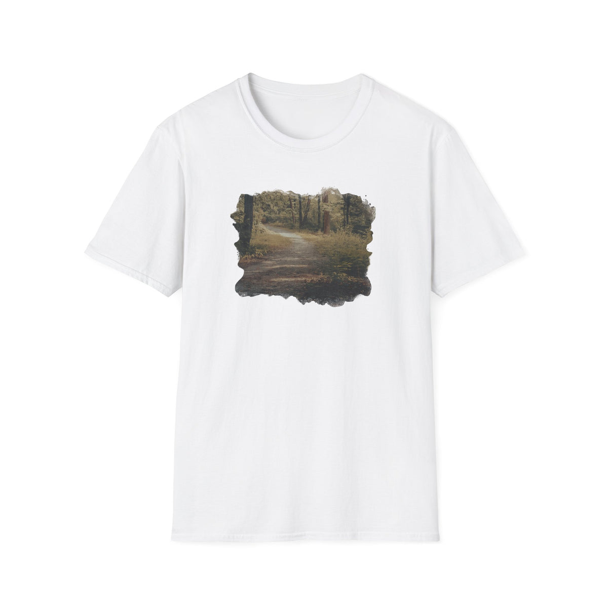 Vintage forest landscape T-shirt by Printify featuring a nature pathway design on soft fabric.