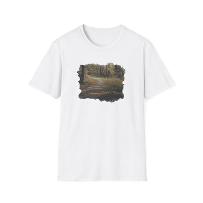 Vintage forest landscape T-shirt by Printify featuring a nature pathway design on soft fabric.