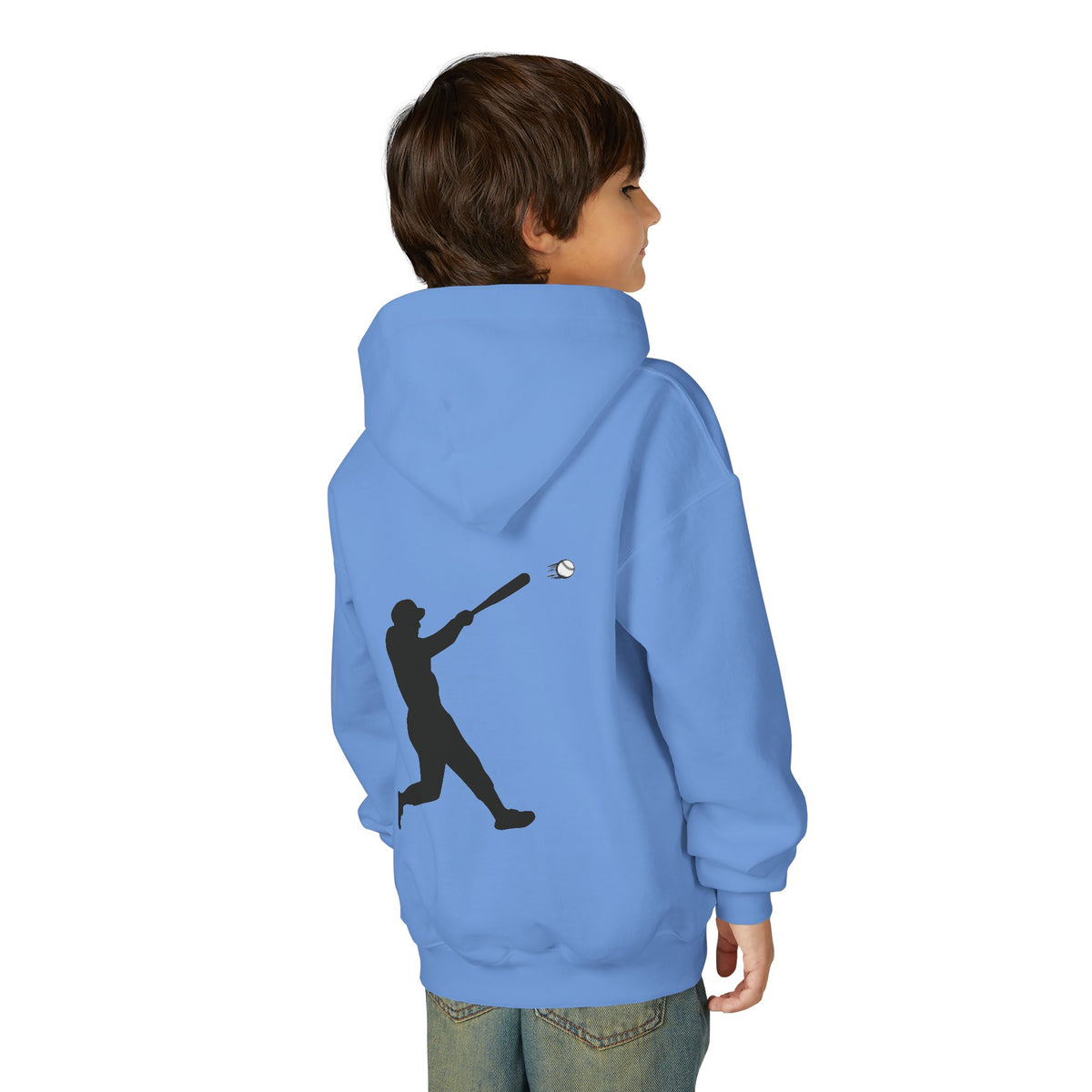 Youth baseball silhouette hoodie for kids, featuring a baseball player graphic on a comfortable pullover sweatshirt.