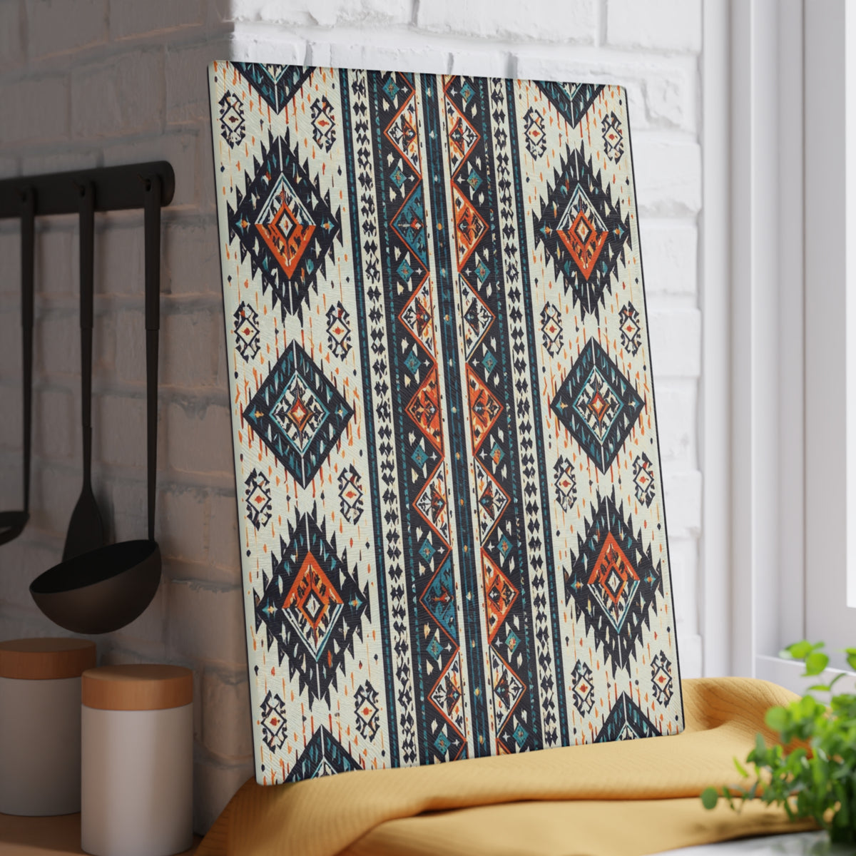 Southwestern Aztec Pattern Glass Cutting Board — Rustic Kitchen Decor