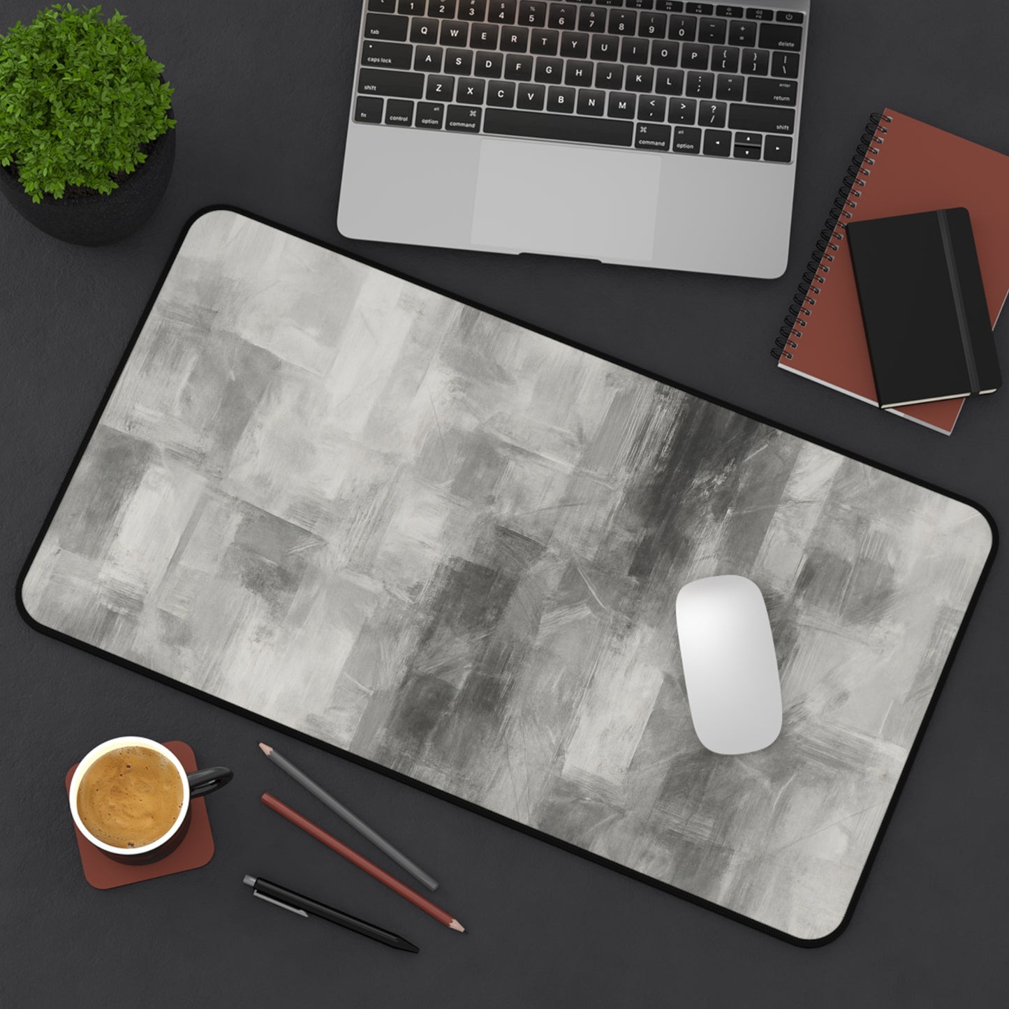 Abstract gray brushstroke desk mat by Printify, neutral modern desk pad with artistic design on smooth surface.