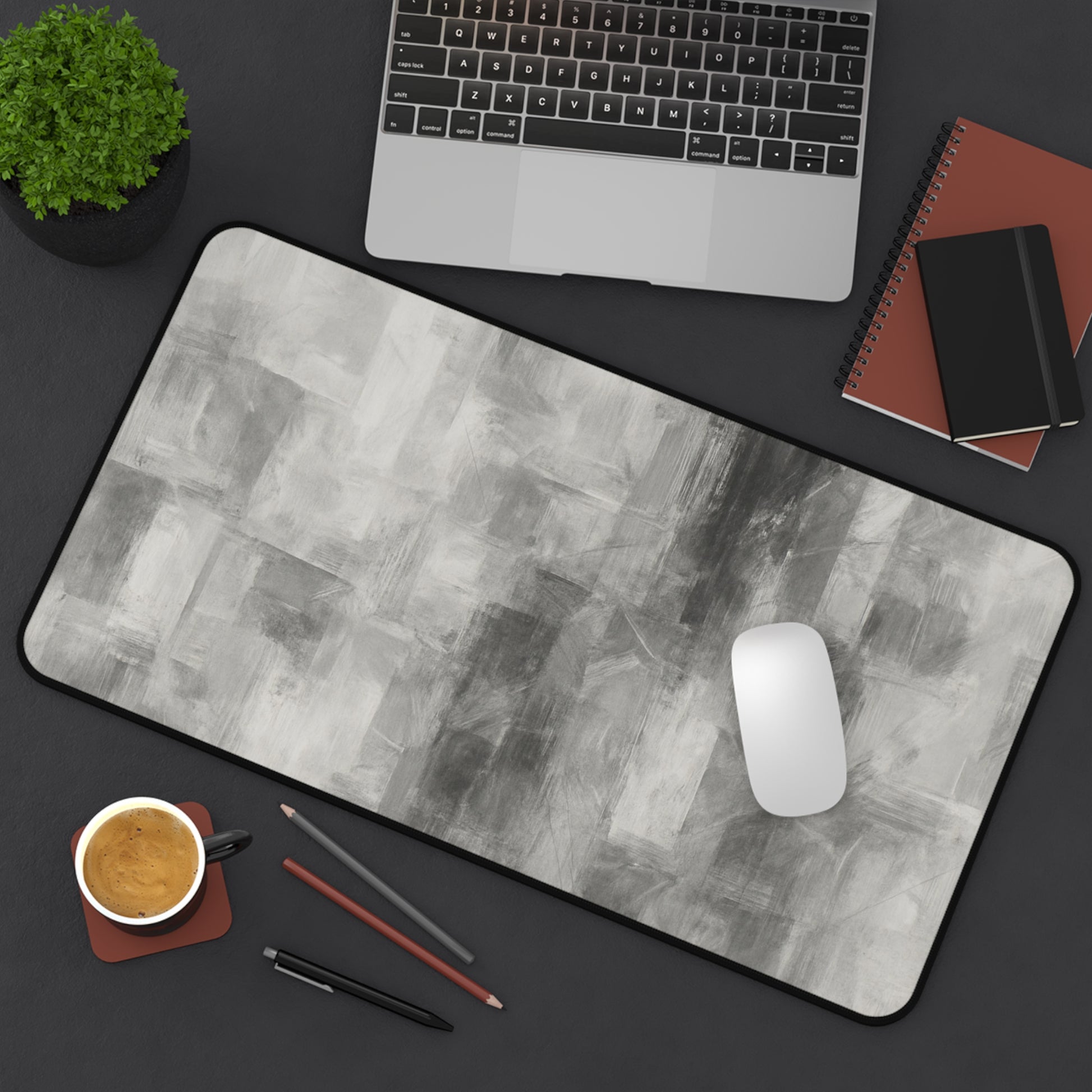 Abstract gray brushstroke desk mat by Printify, neutral modern desk pad with artistic design on smooth surface.